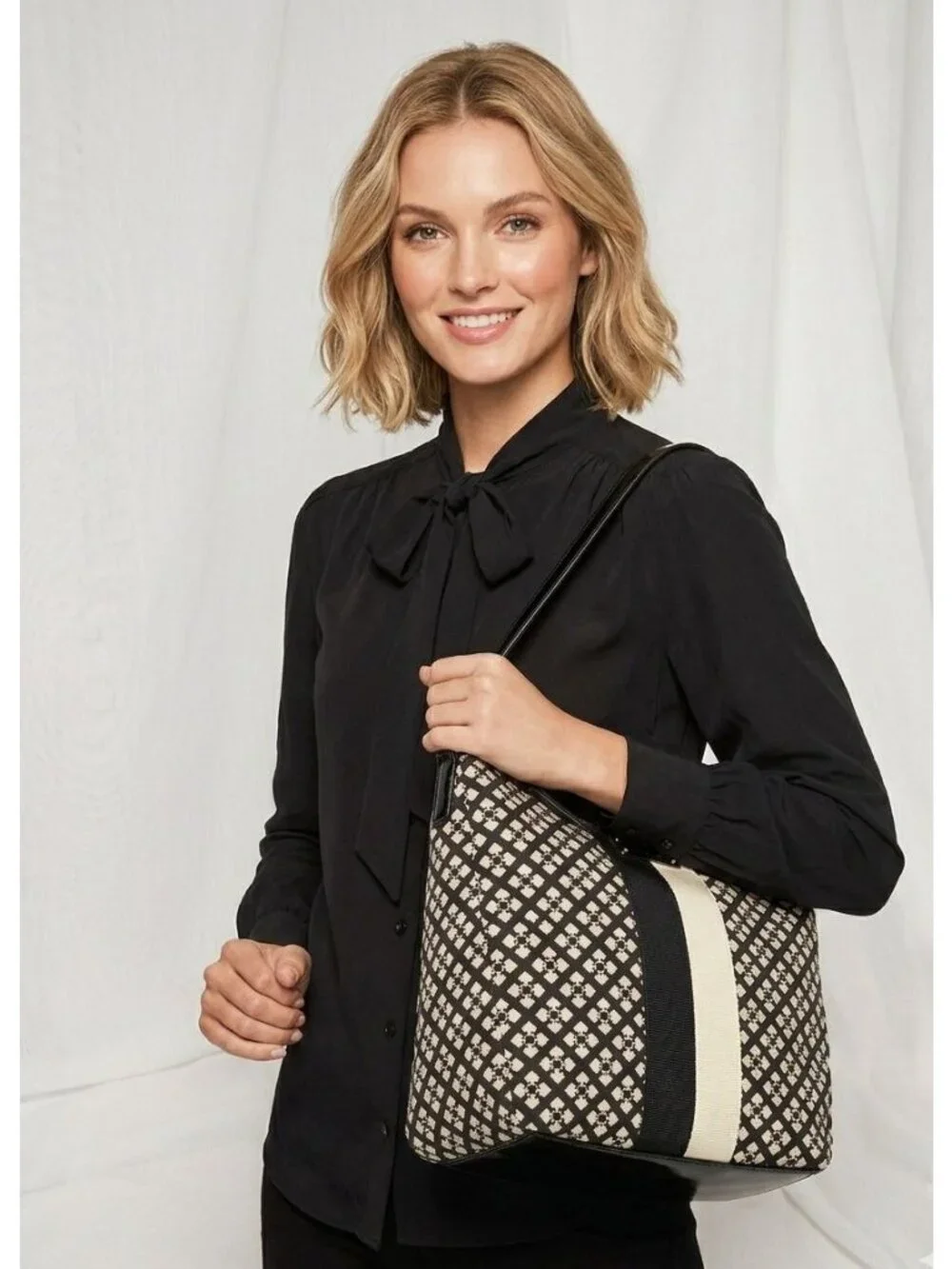 Kate Spade Classic Spade Mona Canvas Shoulder Bag in Black & Cream
